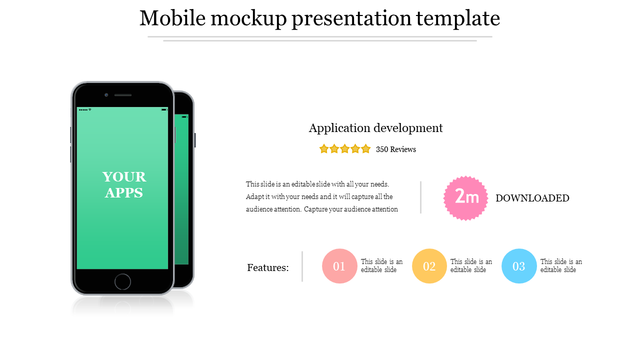 Mobile mockup presentation slide with two phones displaying a green app interface, and three numbered circles below.