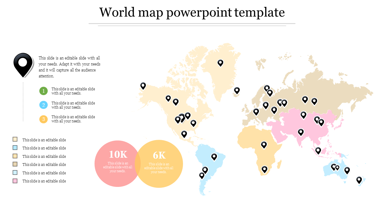 World map with location pins and regions in different colors, three caption circles on the left.