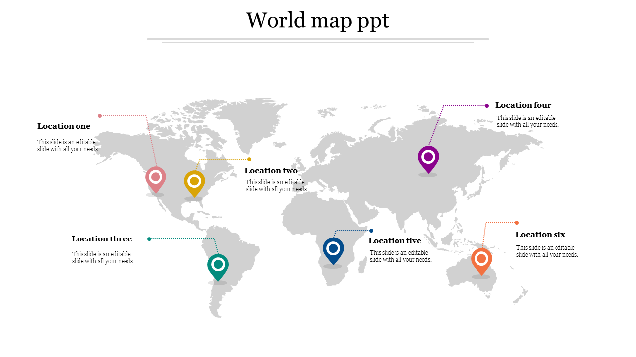 World map infographic slide showing six labeled locations across continents with colorful location markers.