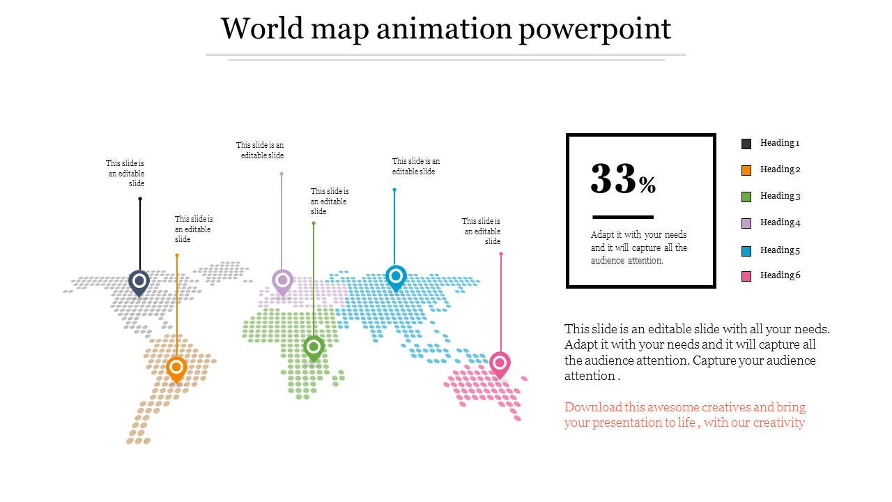 World map animation slide with colorful markers, showing headings and percentages for various regions with placeholder text.