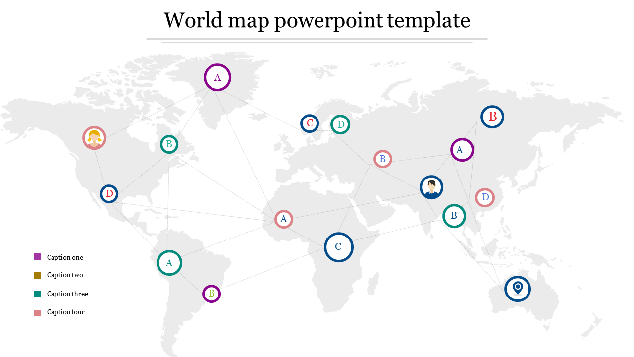 A world map slide with markers labeled A, B, C, and D, each linked to different regions, and captions describing each point.