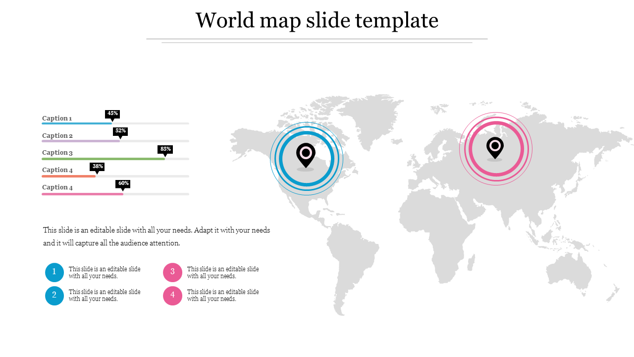 World map slide template featuring two location markers, one blue and one pink, with percentage bars and caption areas.