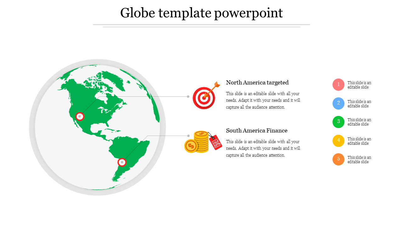 PowerPoint slide with a green globe focused on the Americas, showing North and south America targeting finance.