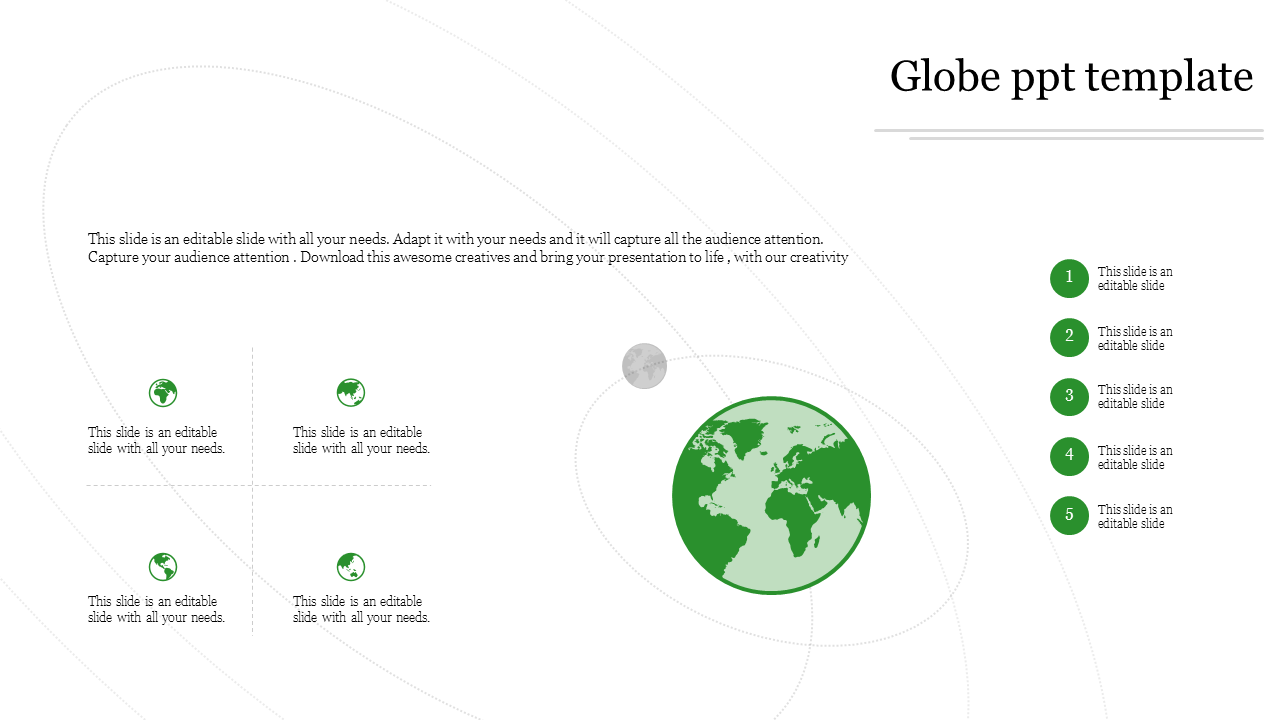 Slide showcasing a globe including placeholder text with icons.