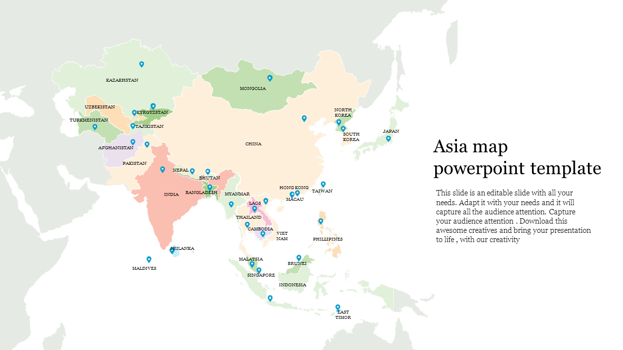 Pastel colored map of Asia with blue markers identifying key cities, placed on a white background with text to the right.