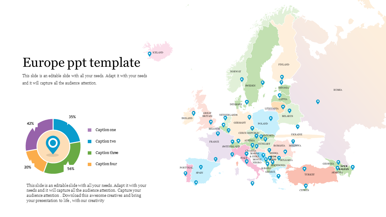 Europe PowerPoint template showcasing a color coded map of Europe with location markers and a pie chart for additional data.