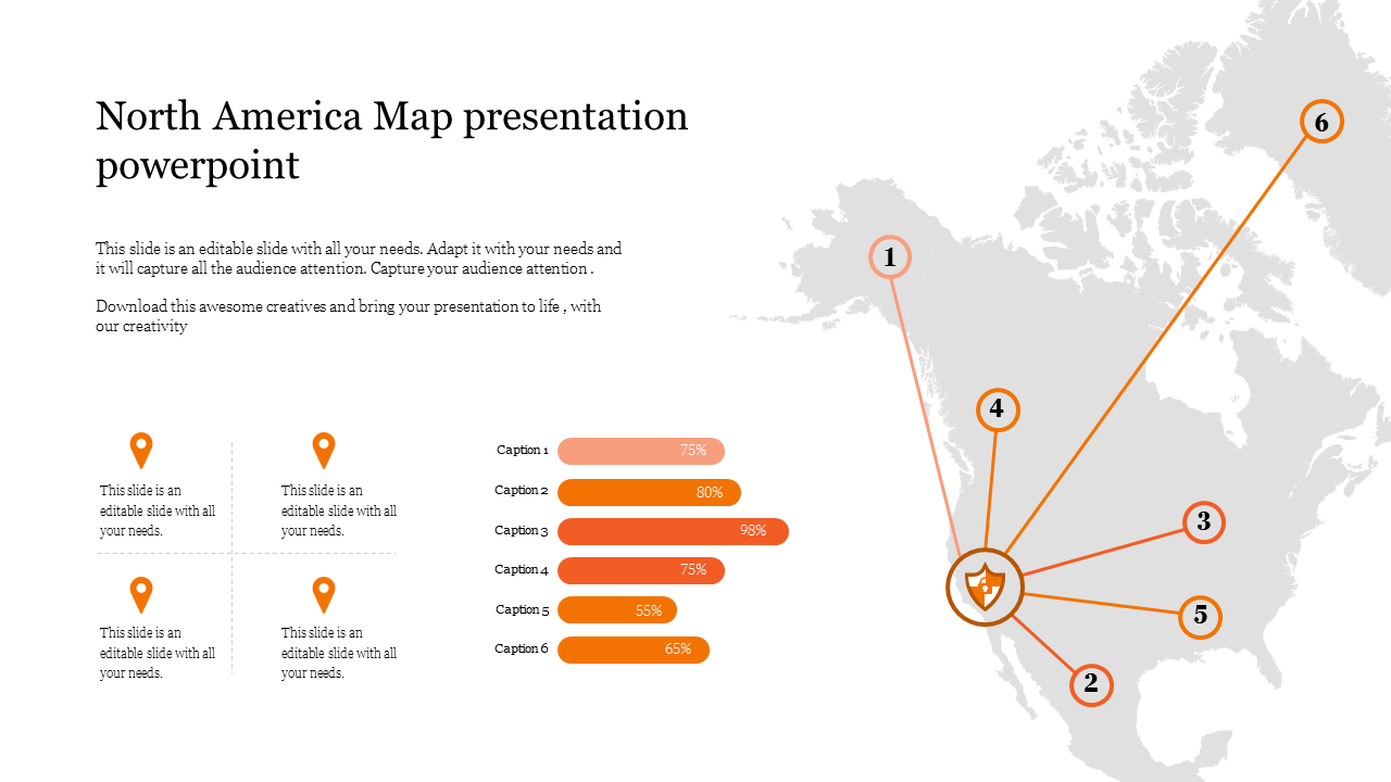 A North America map PPT slide with numbered locations, each linked to progress bars representing different captions.