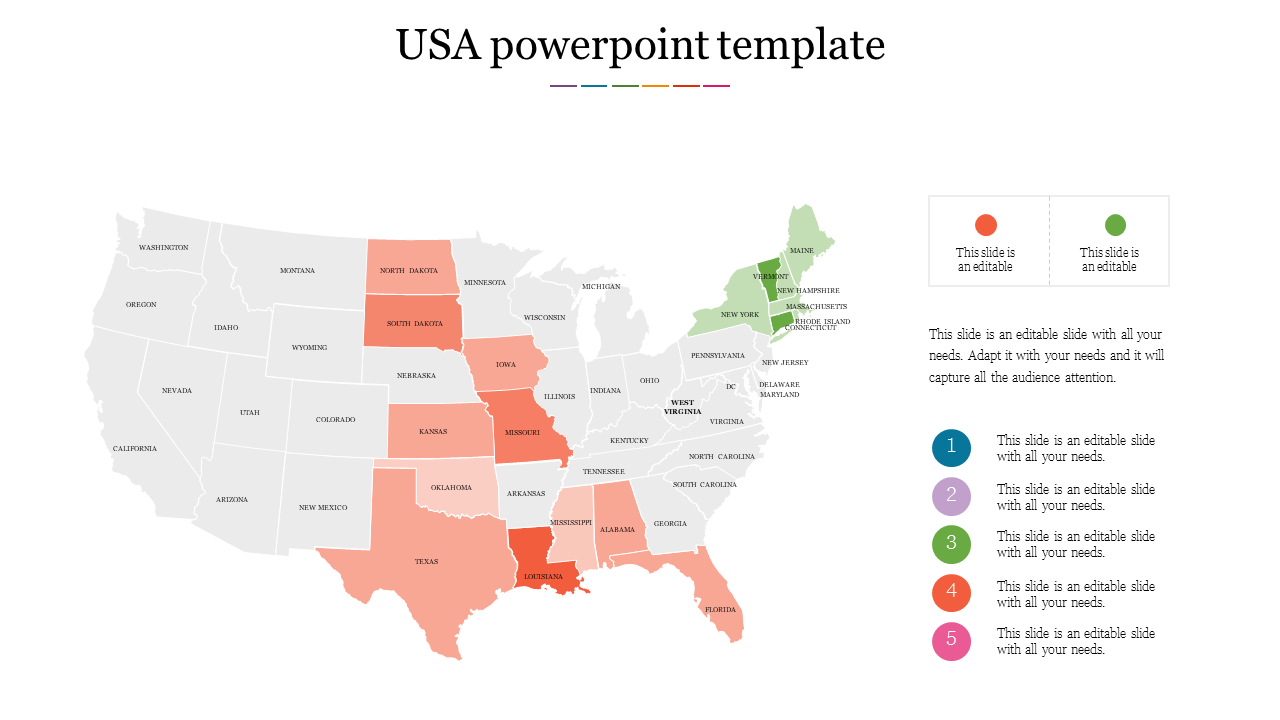 USA PPT slide featuring a map with selected states highlighted in green and red, accompanied by a legend and numbered list.