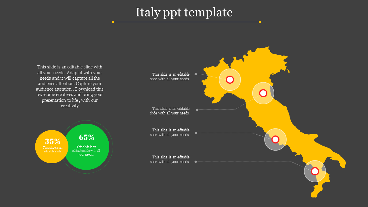 Italy template with a map of Italy, highlighting key cities with  box and a pie chart with two segments in black backdrop.