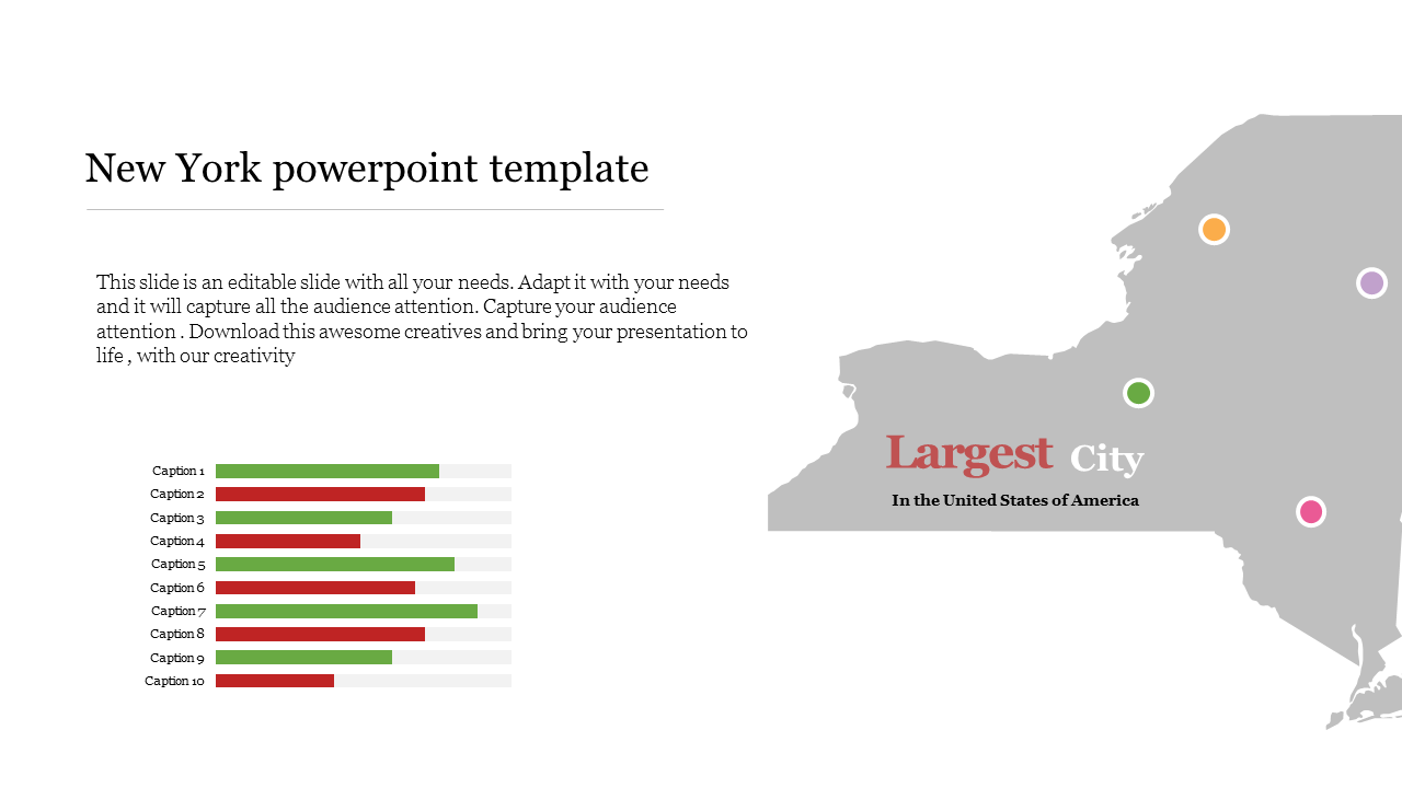 New York map on the right with colorful markers and a bar chart on the left showing captions in green and red.