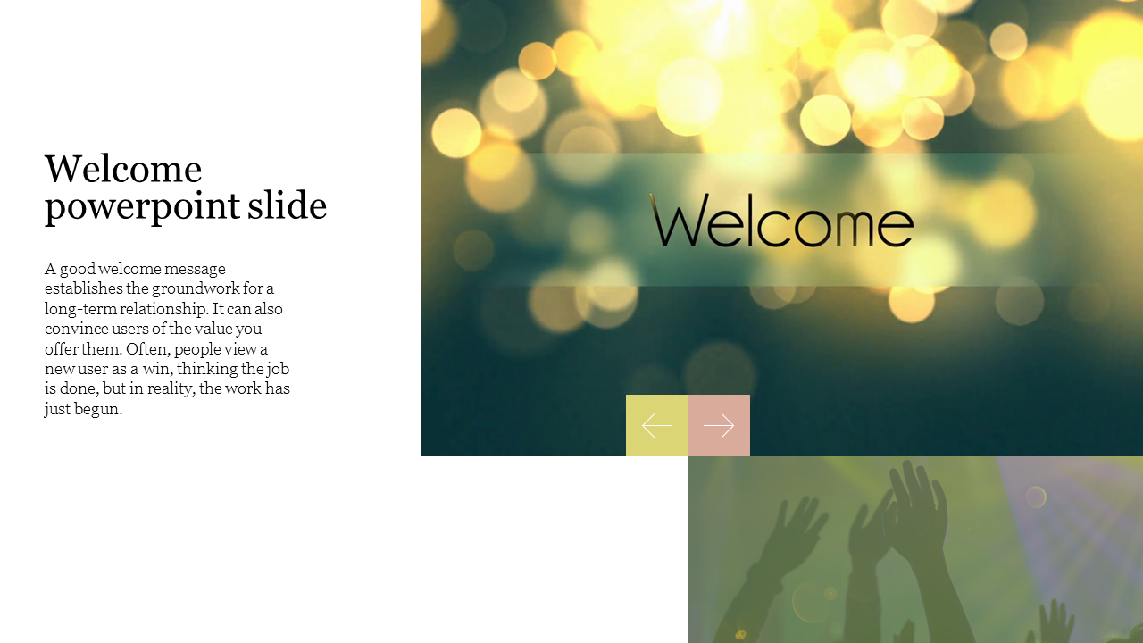 Welcome PPT slide with a glowing abstract background and a message about the importance of a warm welcome.