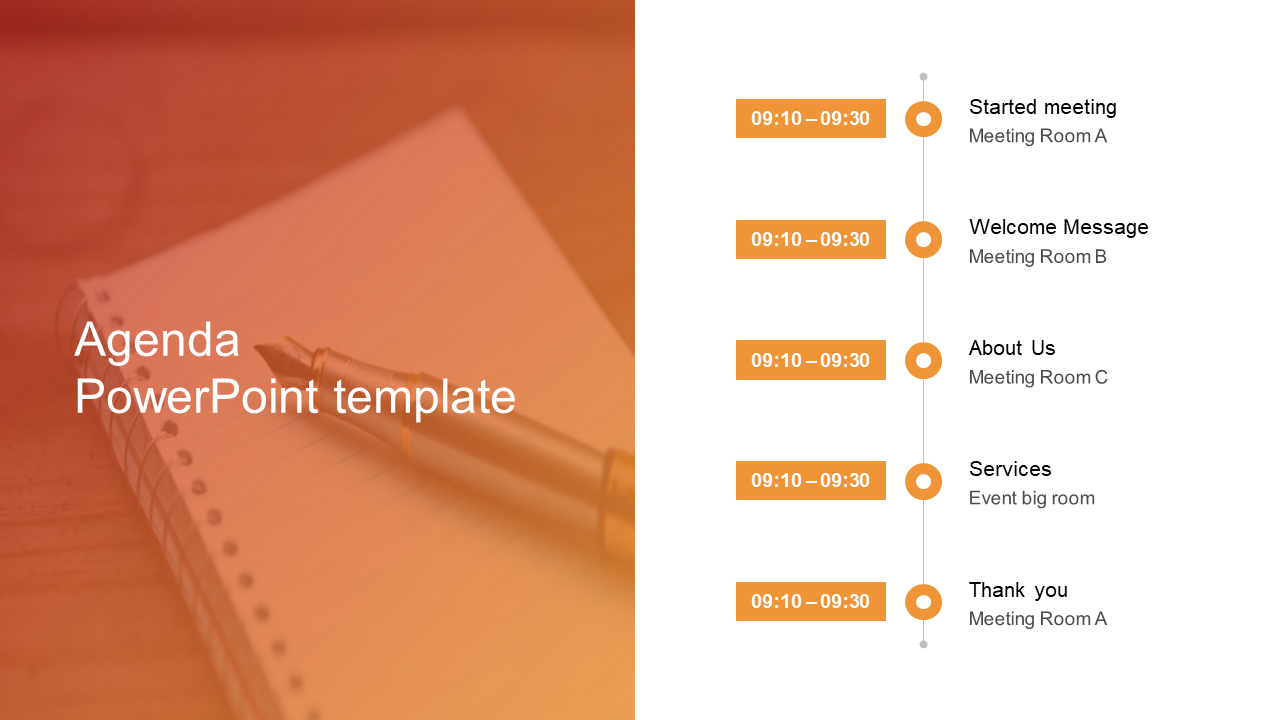 Professional agenda PowerPoint template featuring a timeline and schedule details with meeting room assignments.