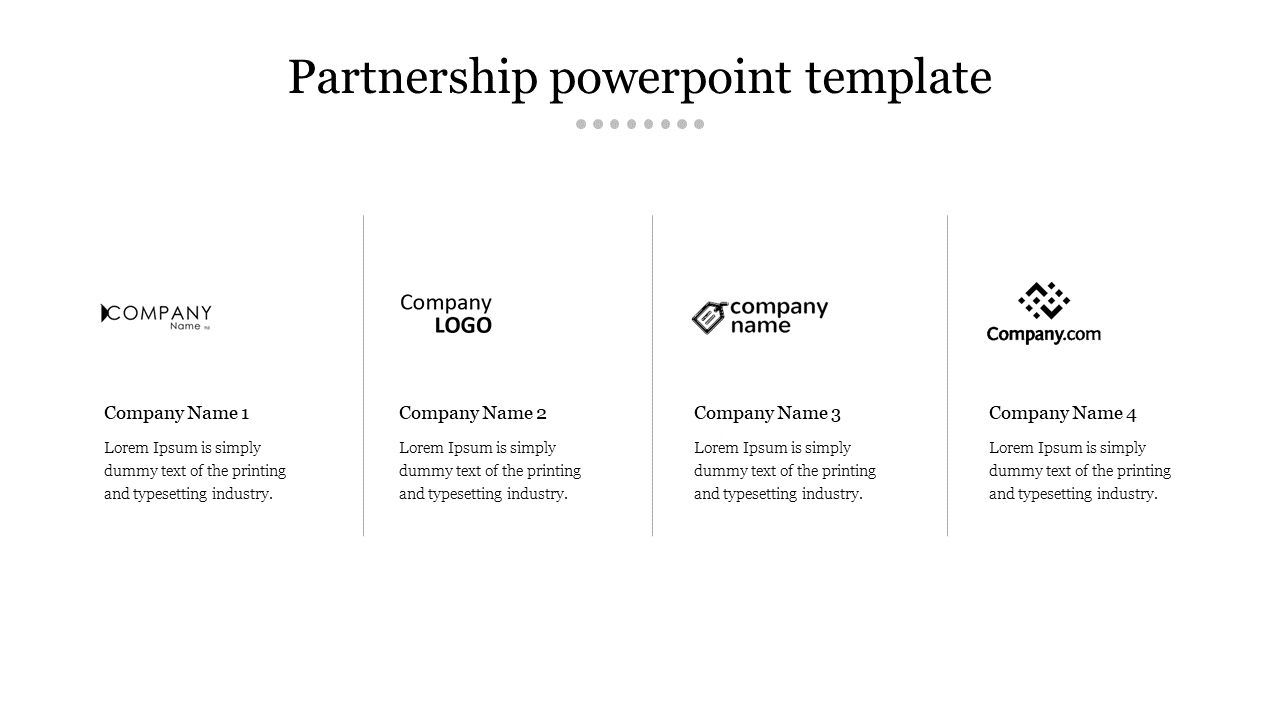 Partnership slide with four company logo placeholders, company names, and descriptive placeholder text, arranged in a row.