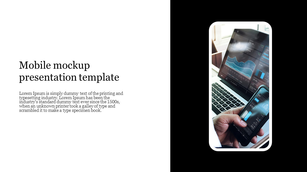 Split slide layout with a white text section on the left and a black background featuring a mobile mockup on the right.