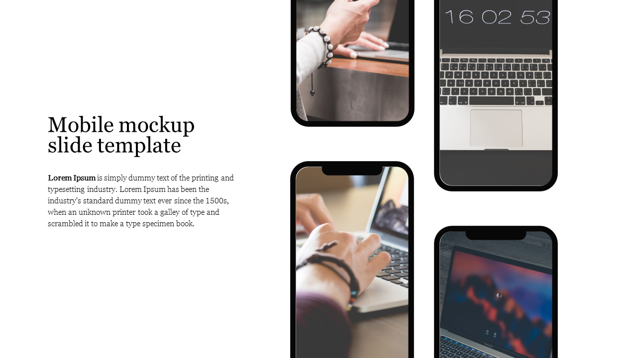 Slide layout with four black framed mobile mockups on the right and a white text section on the left.