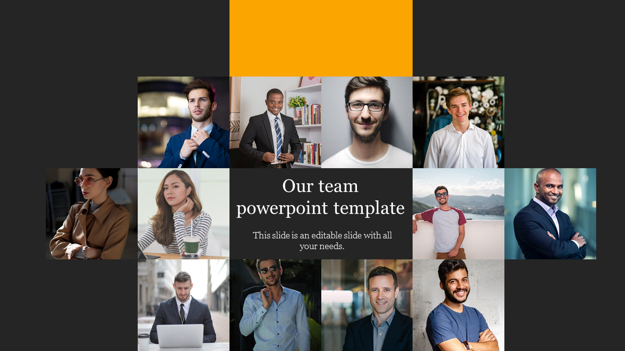 Dark themed team slide with a grid of diverse employee portraits and a central black text box with white text.