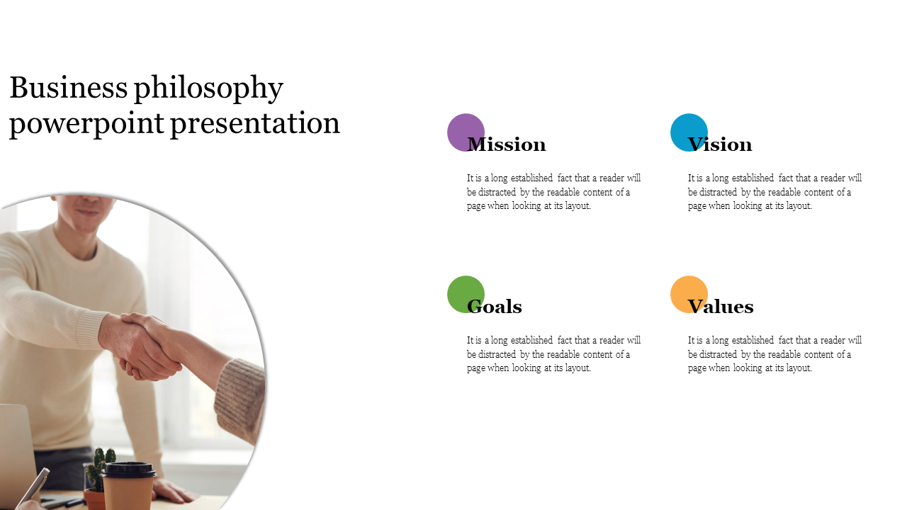 Business Philosophy slide featuring four key elements with colorful circles and placeholder text with an image.