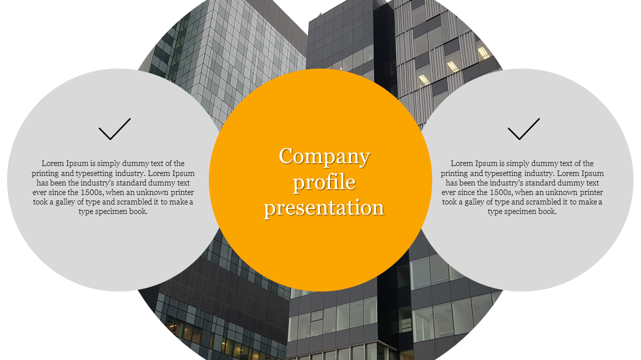 Company profile slide features a central circle with the title and two smaller circles against a backdrop of modern building.