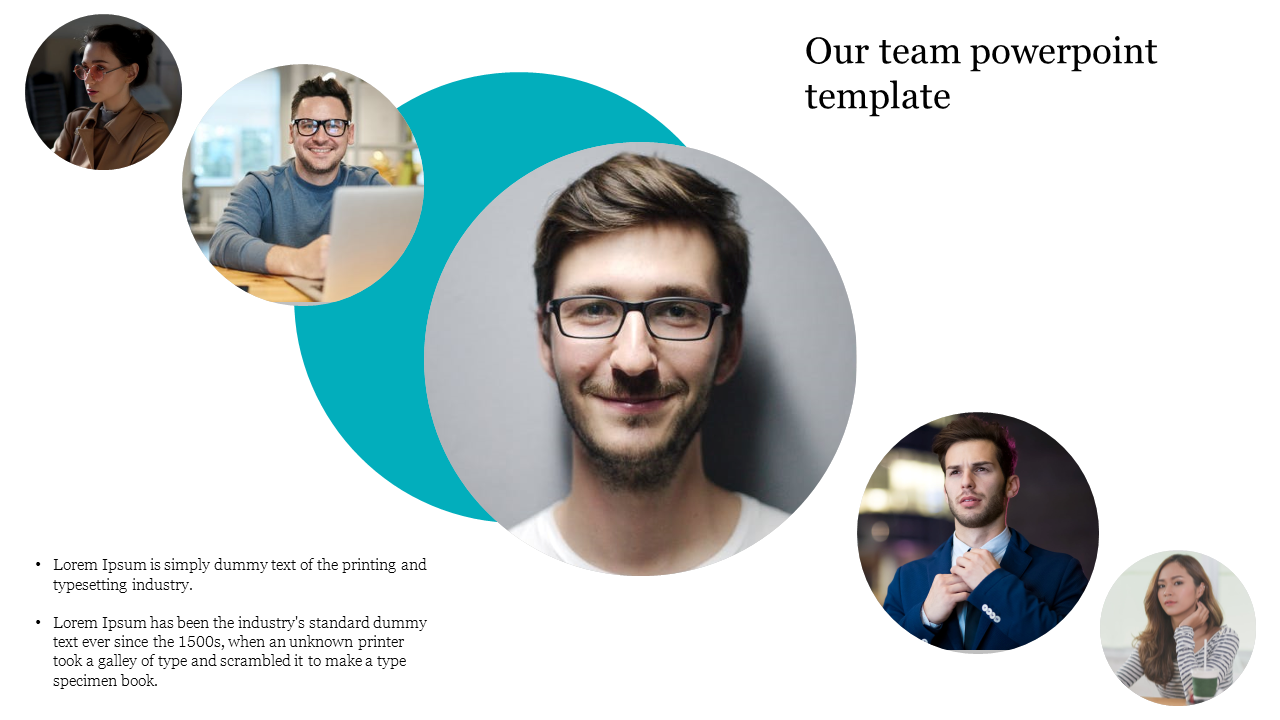 Team slide featuring five circular profile images with a modern layout, with a overlapping blue circle.