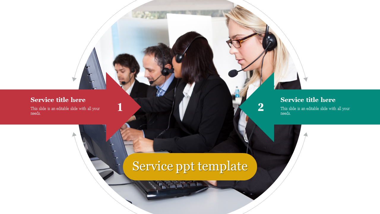 Service slide displaying circular image of call center employees, with two numbered arrows in red and green.