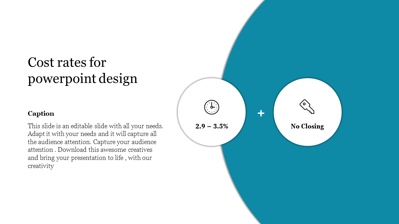 A slide showing the cost rates for PowerPoint design services, including time and no closing information with icons.