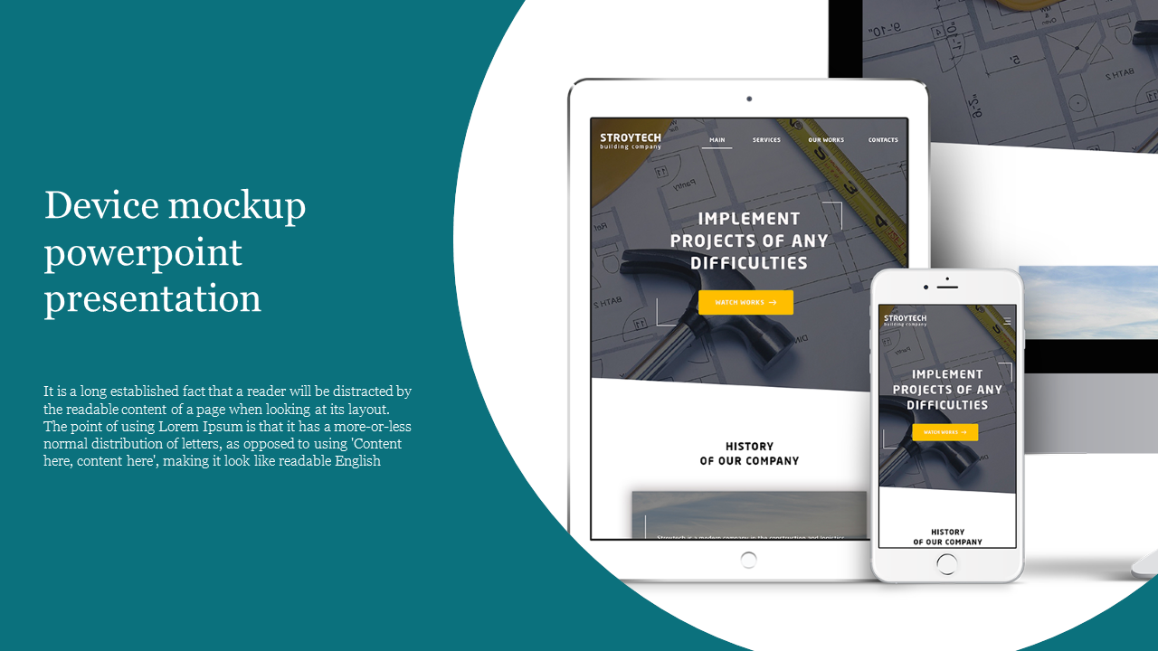 Device mockup slide with a tablet and smartphone showcasing a website, and a teal background on the left containing text.