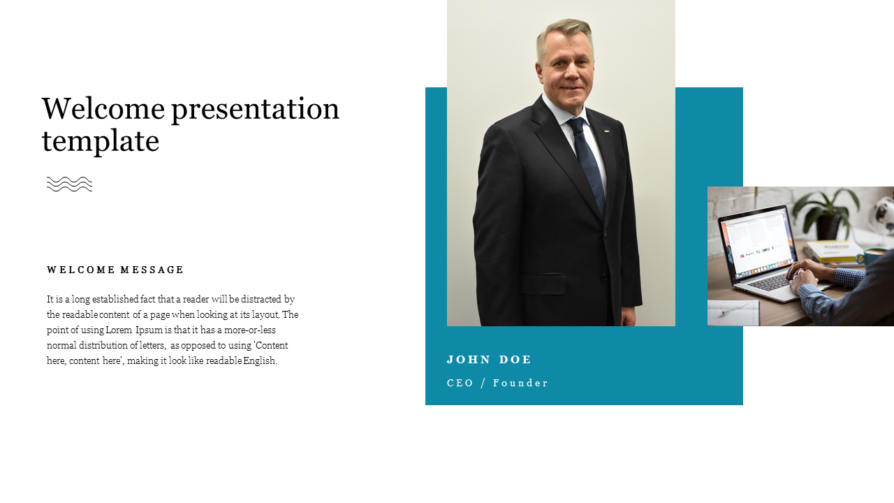 PowerPoint slide with a professional welcome message, featuring a CEO's photo and a person working on a laptop.