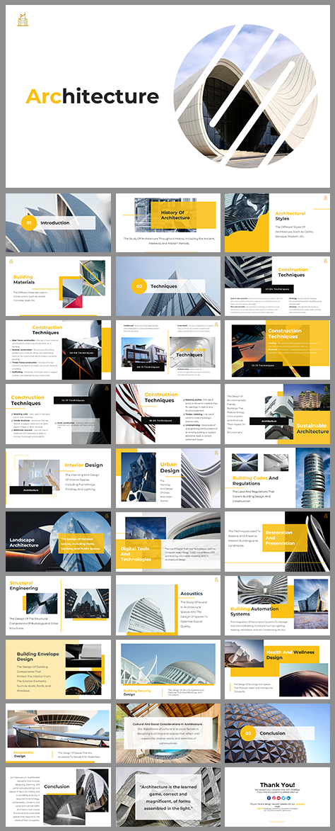 Architecture PowerPoint featuring various slides on topics like building materials, techniques, and urban design with images.