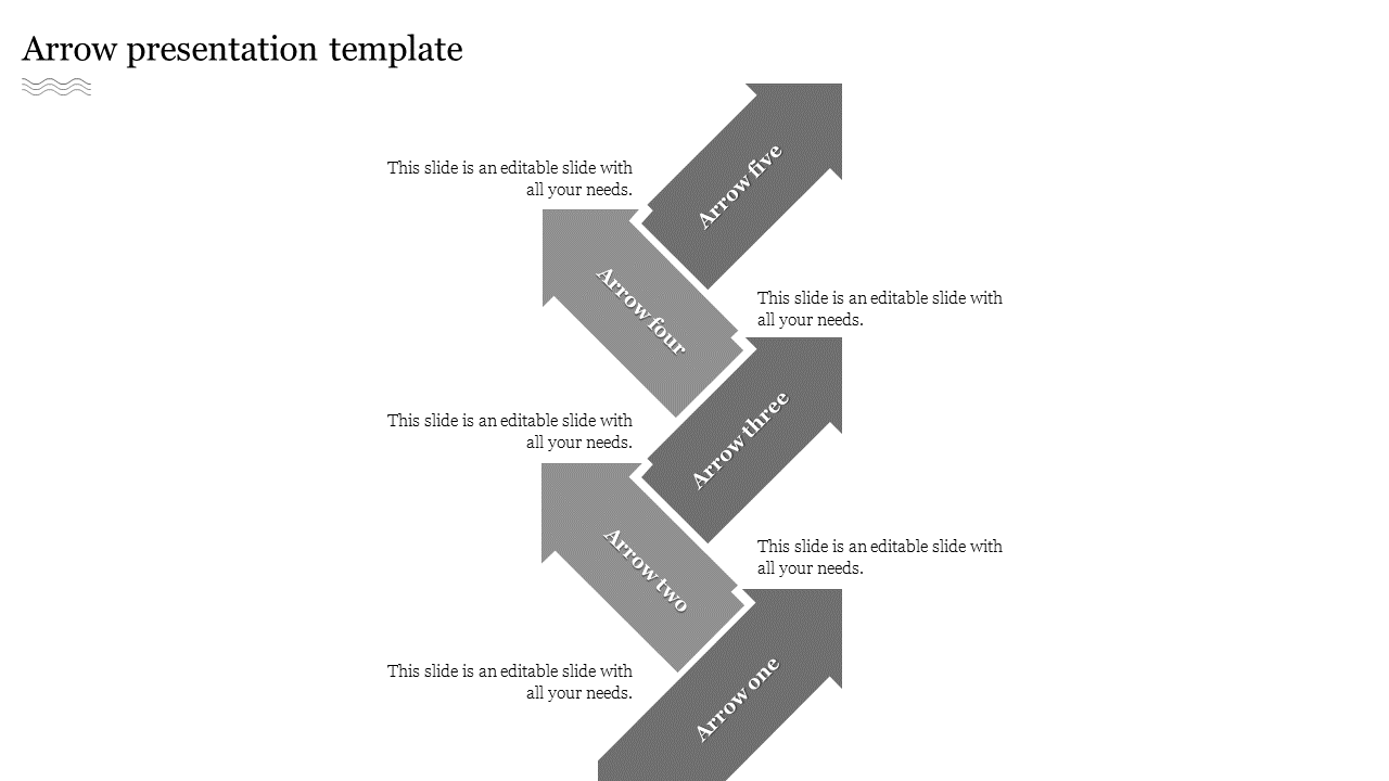 Template featuring five gray arrows arranged vertically with text placeholders beneath each.