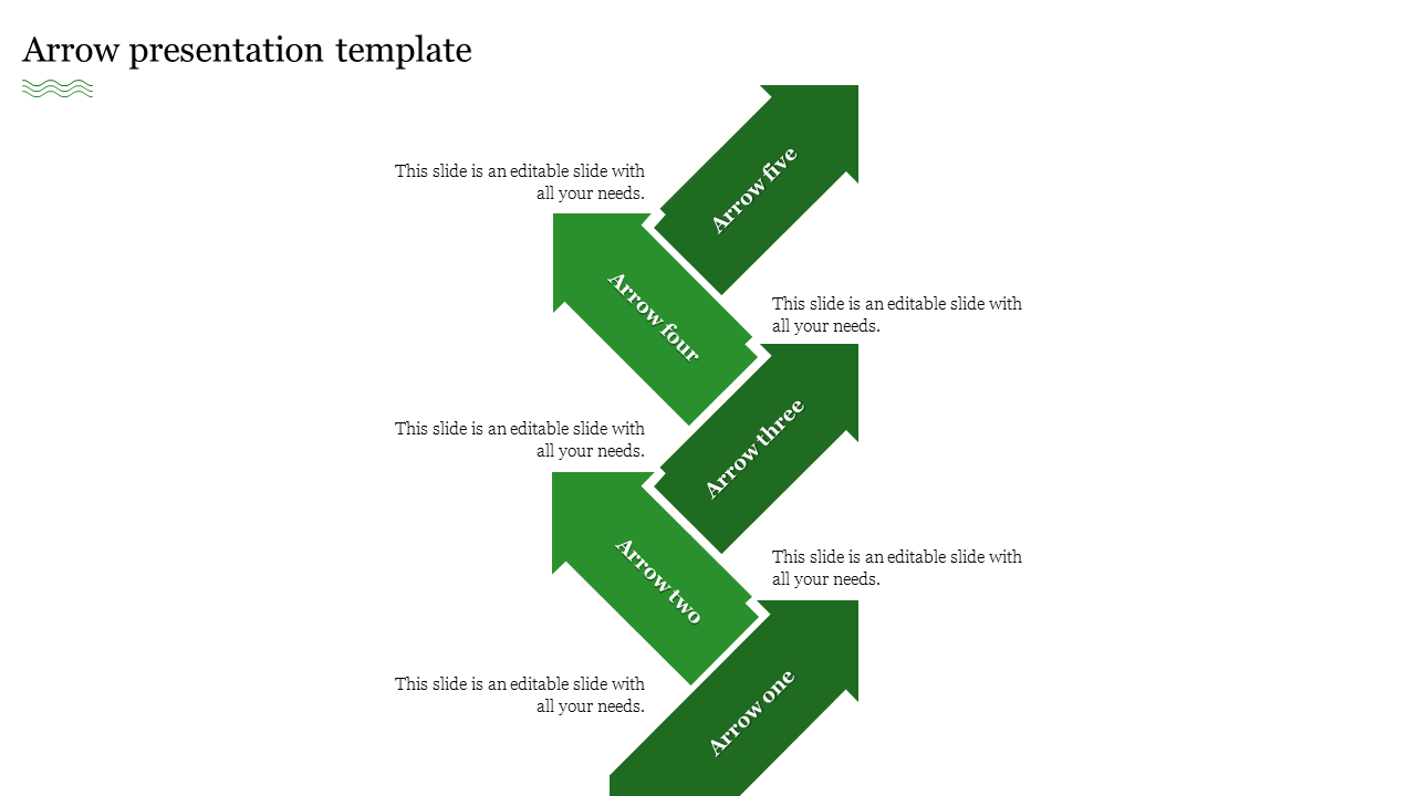 PowerPoint slide featuring five directional arrows in green color, with text placeholders on a white backdrop.