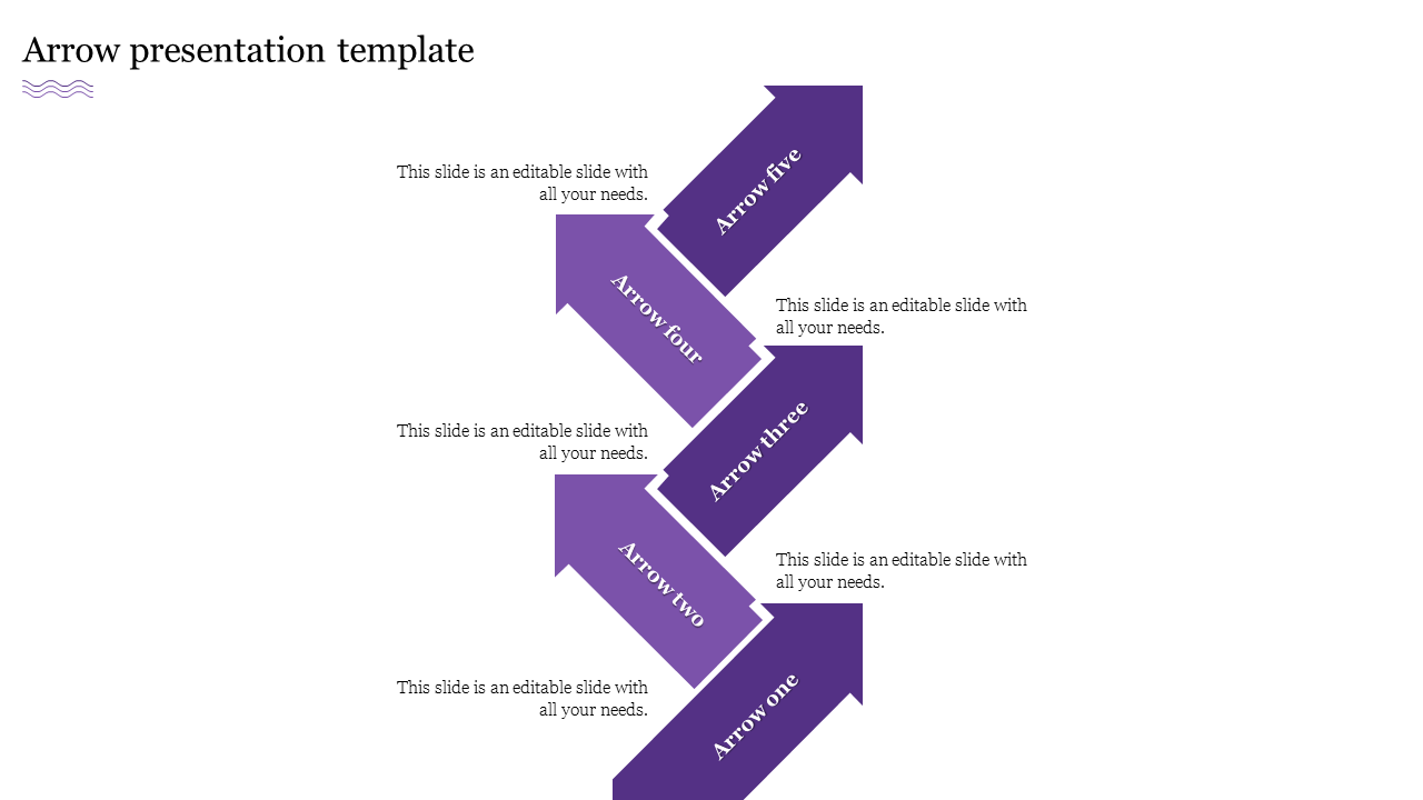 Vertical layout with five purple arrows pointing up, each with a space for text on a white background.