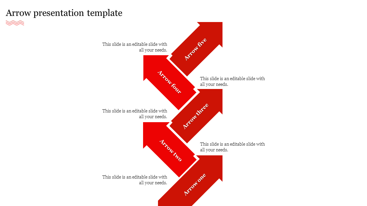 PowerPoint slide featuring five directional arrows in red color, with text placeholders on a white backdrop.