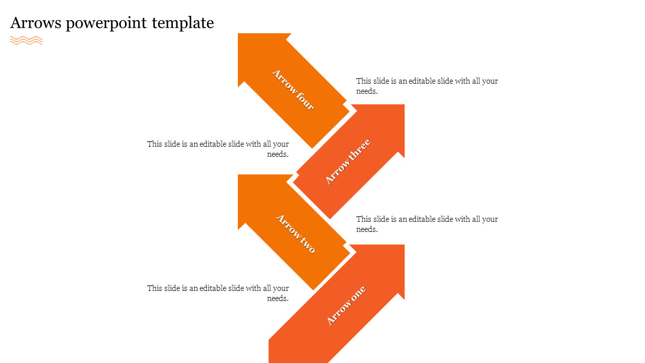 Arrows PPT slide with four orange color arrows, each labeled with one to four and placeholder text on a white backdrop.