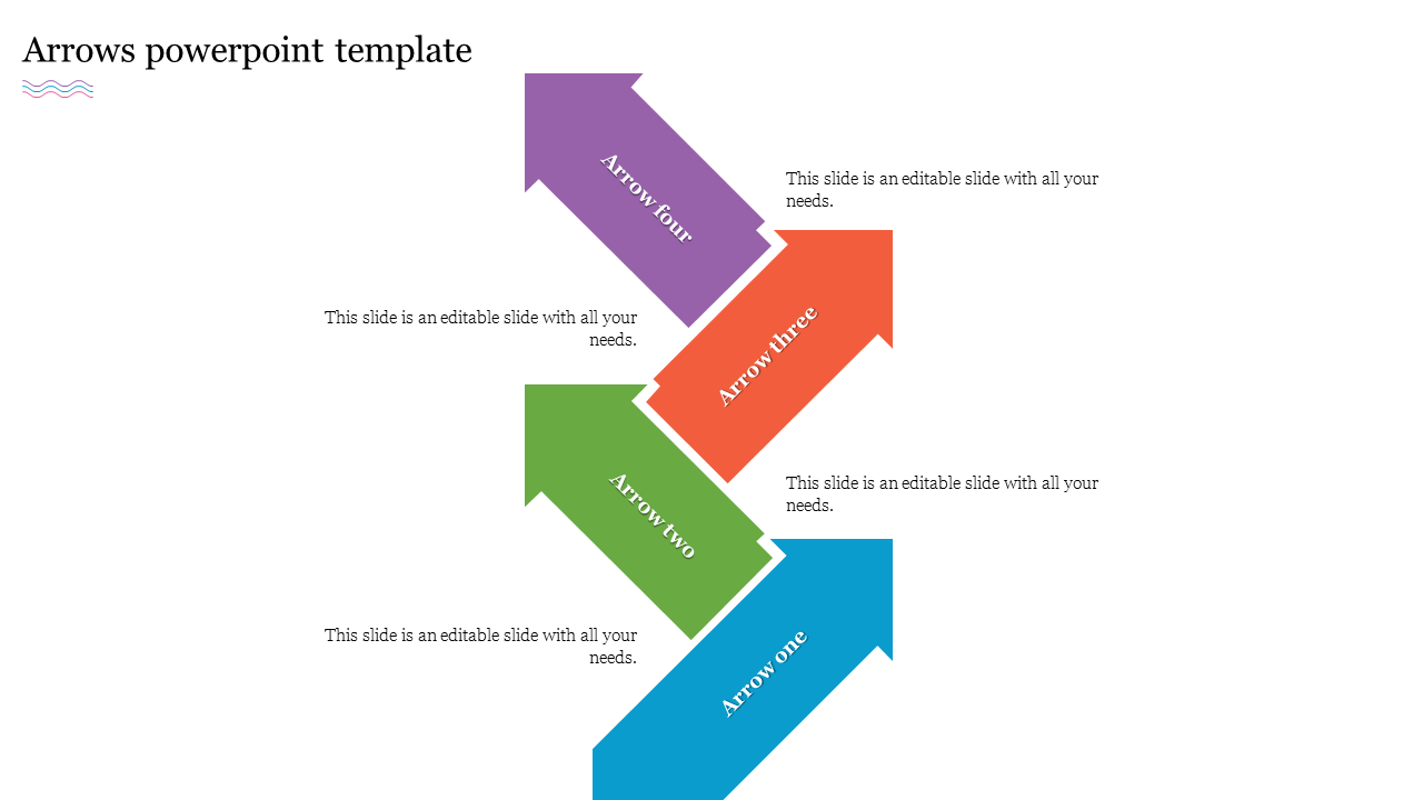 PPT template, with four arrows in blue, green, orange, and purple, each representing a different step with placeholder text.