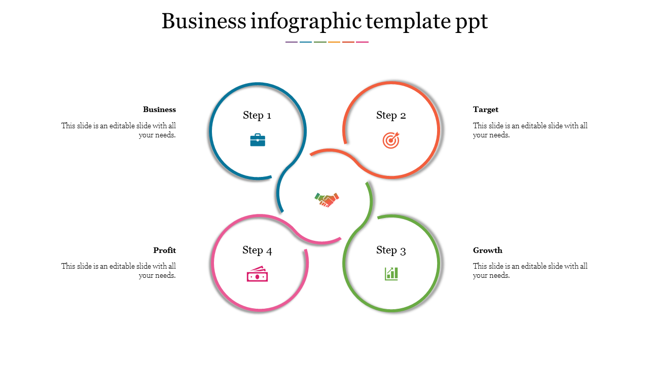 Circular infographic with four curved rings in blue, orange, green, and pink, connected around a central handshake icon.