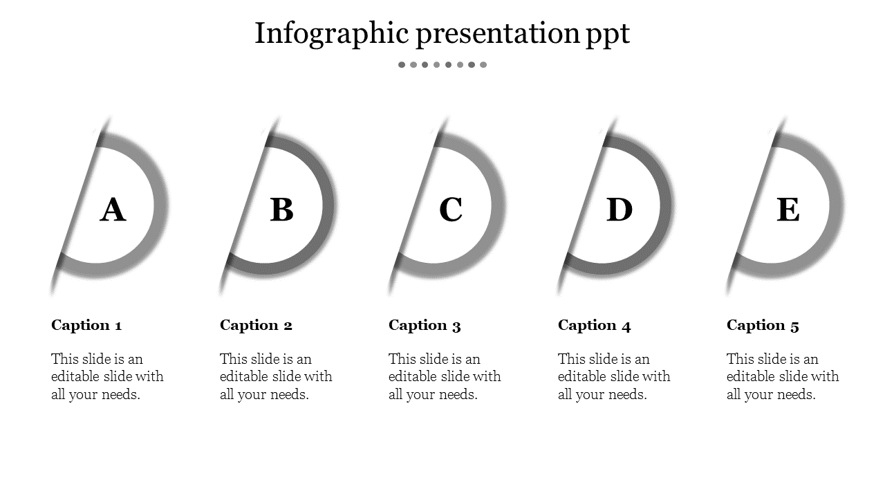 Infographic template with five gray circular icons, each with a label from A to E in a linear arrangement.