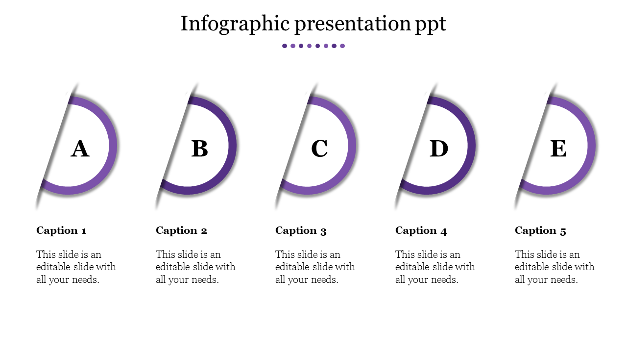 Infographic slide featuring five purple bordered circles labeled A to E, each with a corresponding caption below.