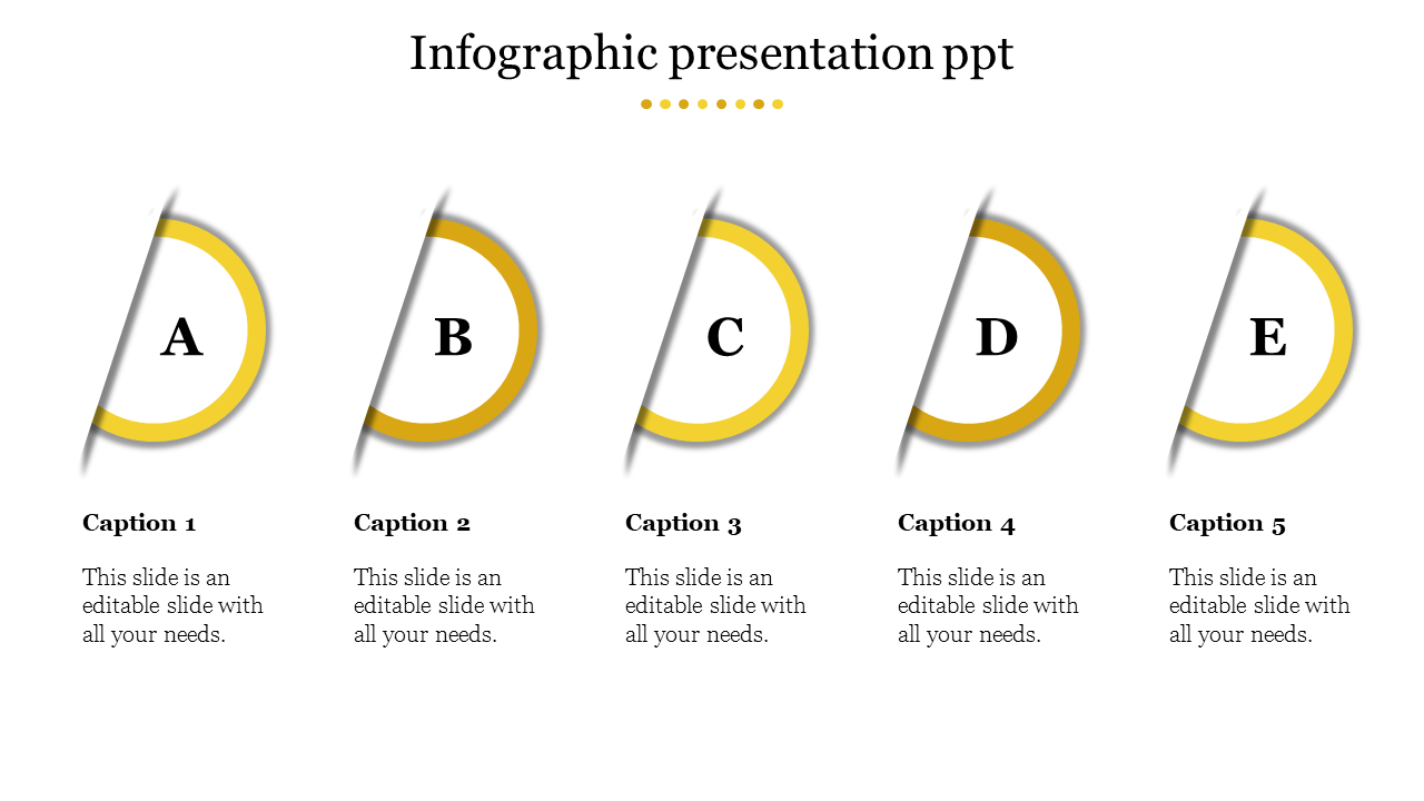 Infographic presentation template with five labeled sections in yellow circles, each with a corresponding caption.