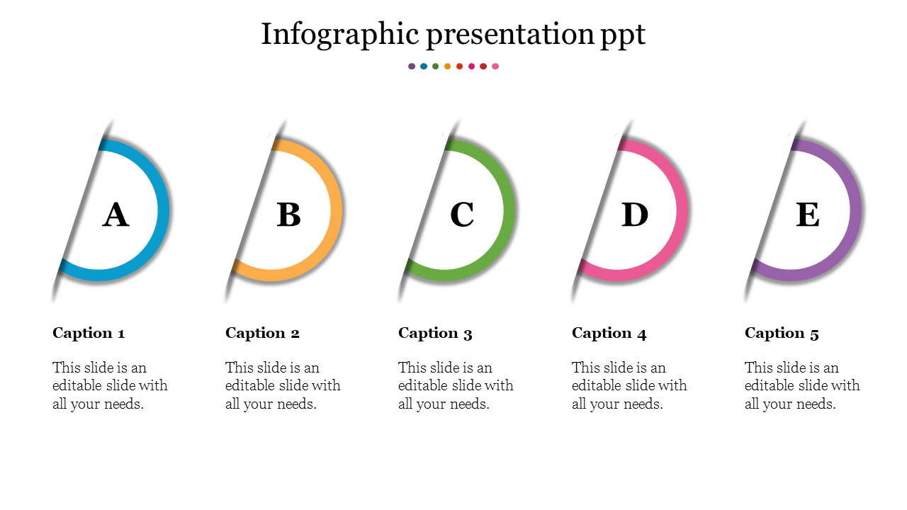 Infographic slide with five colorful circular elements in blue, yellow, green, pink, and purple, labeled A to E.