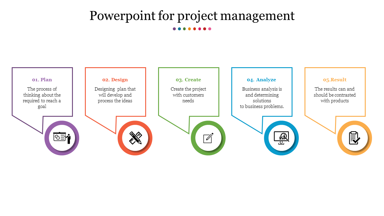 Colorful PowerPoint template with five steps for project management from plan to result with color coded icons.