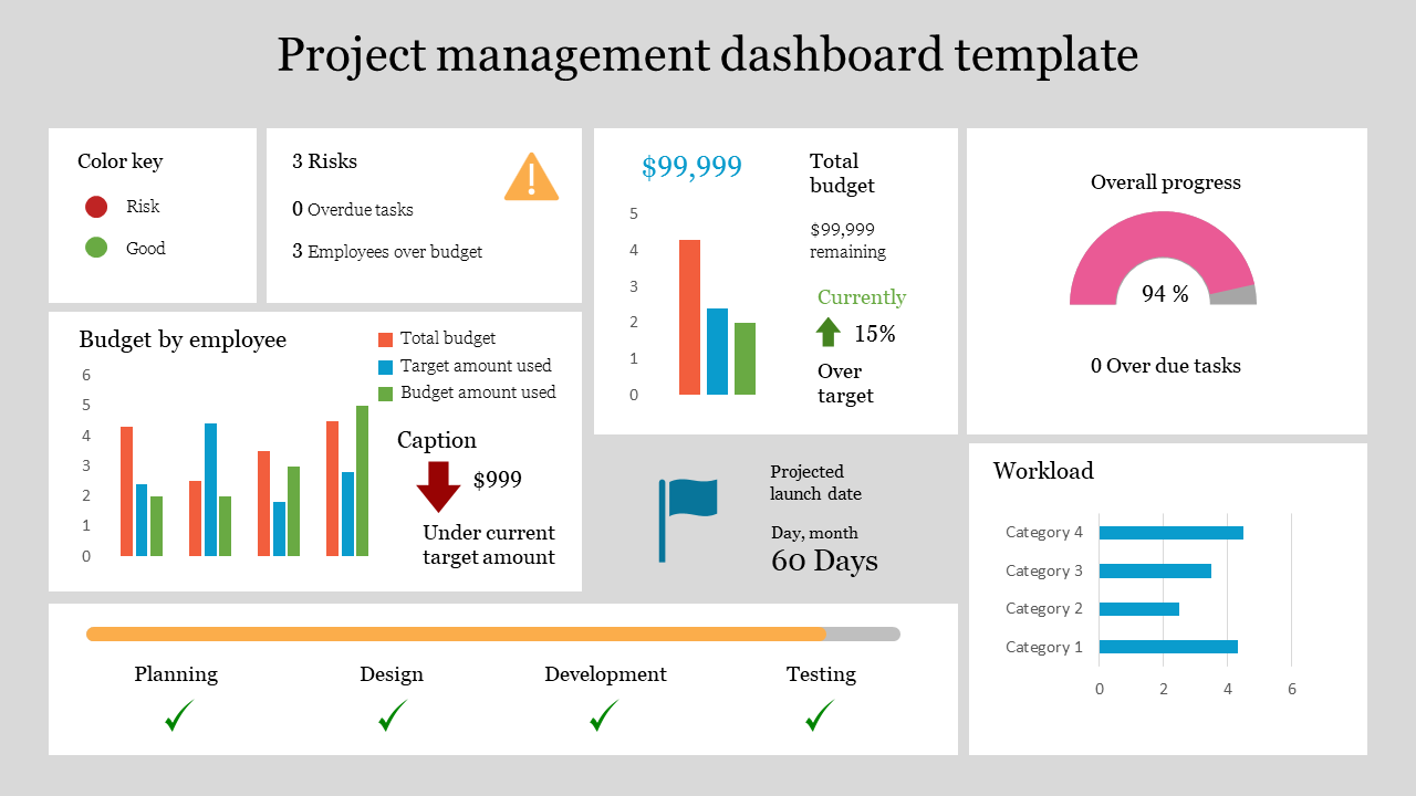 Project management dashboard with charts for budget, progress, risks, workload, and projected launch date and icons.