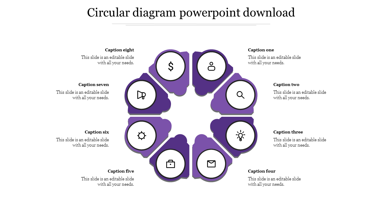 Purple circular infographic with eight labeled sections, each with a corresponding icon for different topics.