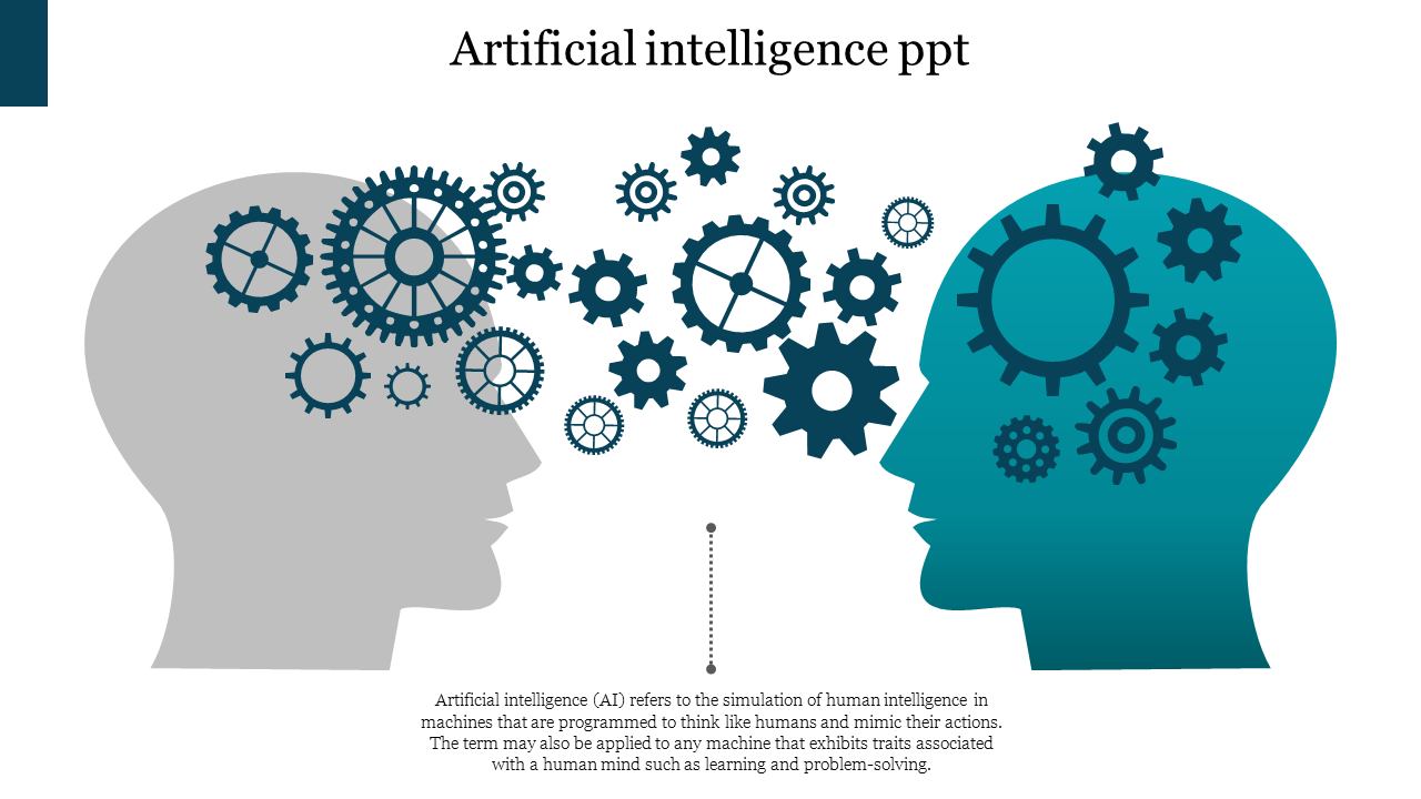 Illustration of gray and teal human heads filled with gears facing each other, symbolizing artificial intelligence exchange.