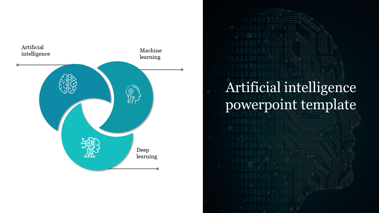 Split slide with interconnected teal circles for AI topics and a circuit board silhouette face on dark background.