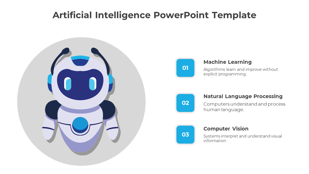 Circular robot illustration and three numbered blue boxes on the right listing AI related text, against a white background.