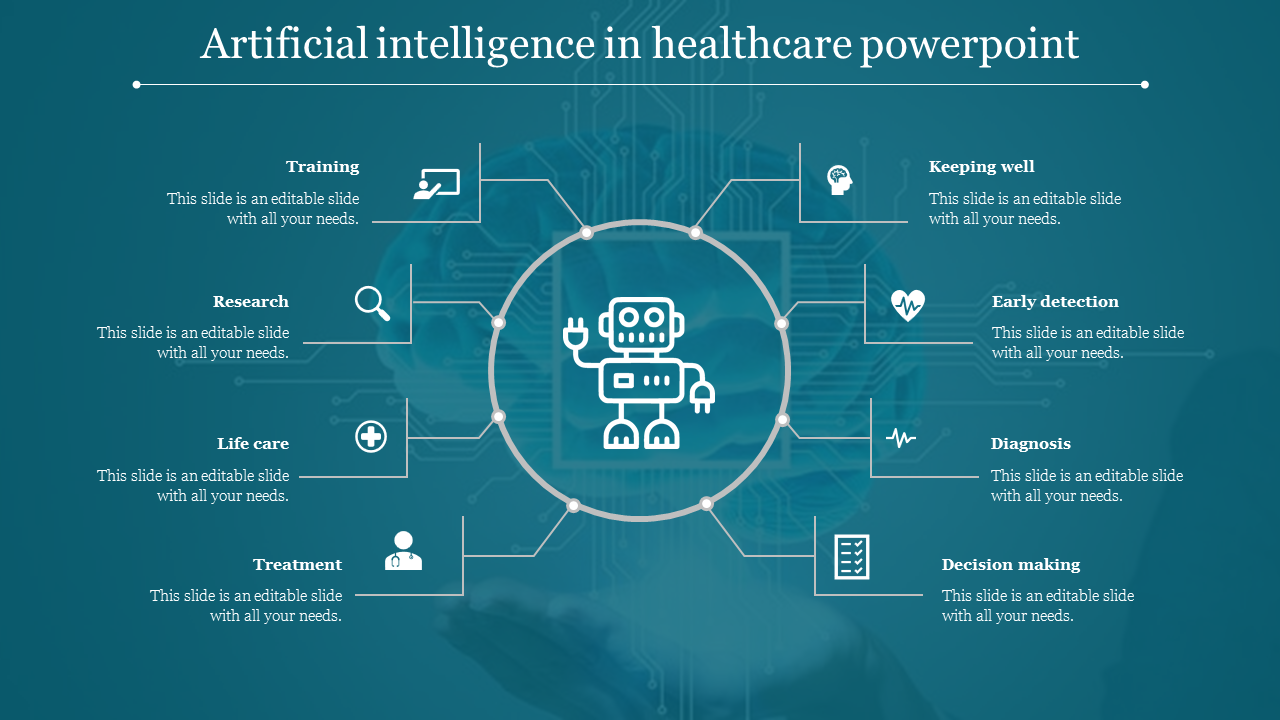 Slide illustrating various applications of artificial intelligence in healthcare, featuring icons on a teal backdrop.