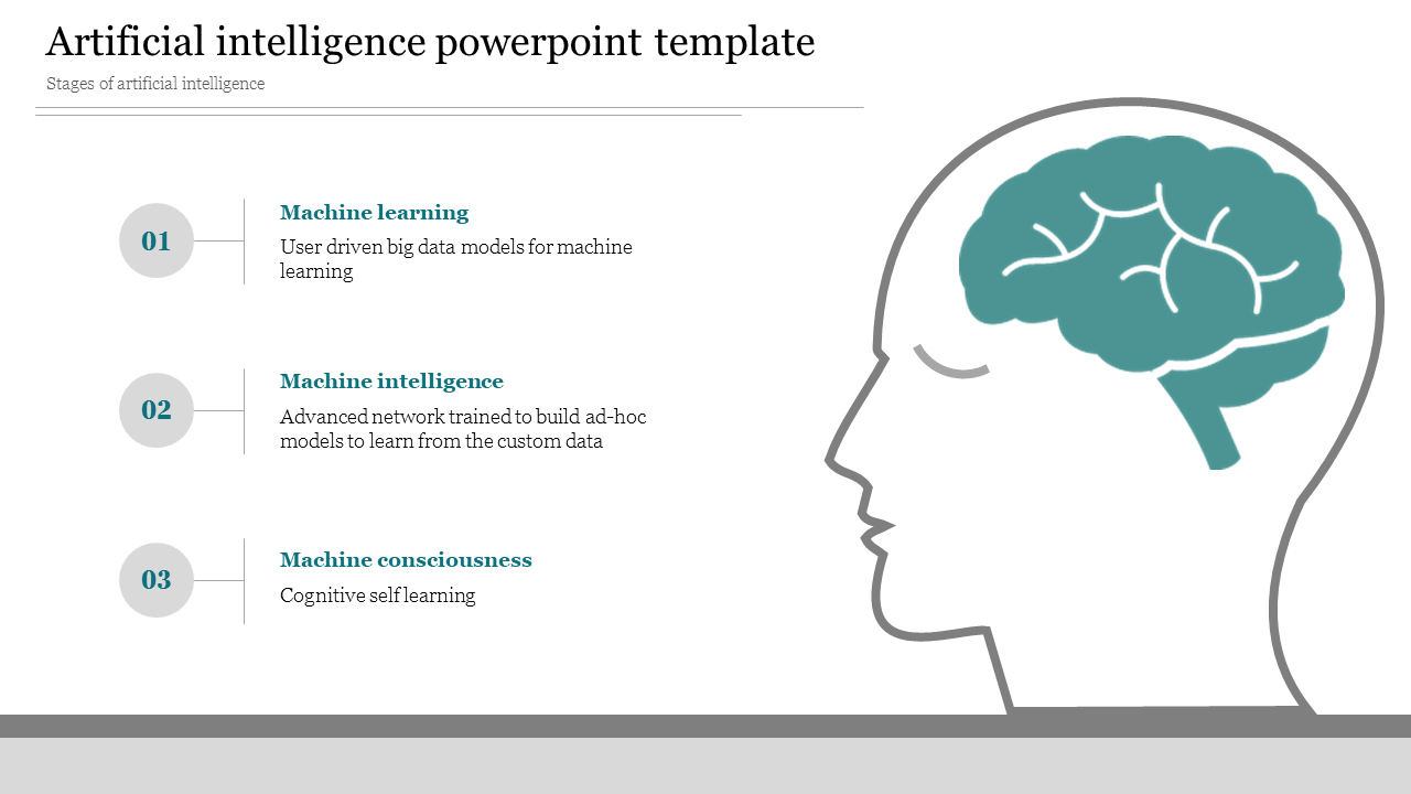 Artificial intelligence slide with three numbered stages and a profile head illustration featuring a teal brain.