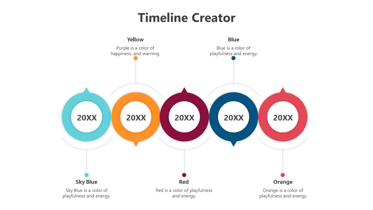 Horizontal timeline with five colored circles in teal, yellow, red, blue, and orange, each labeled with year and captions.