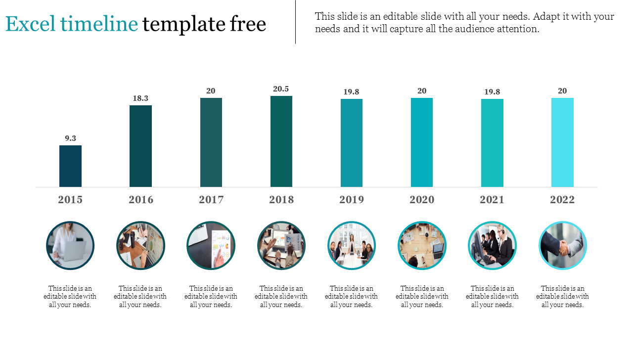 Excel timeline slide with colored bar charts displaying yearly data from 2015 to 2022 and corresponding circular images.