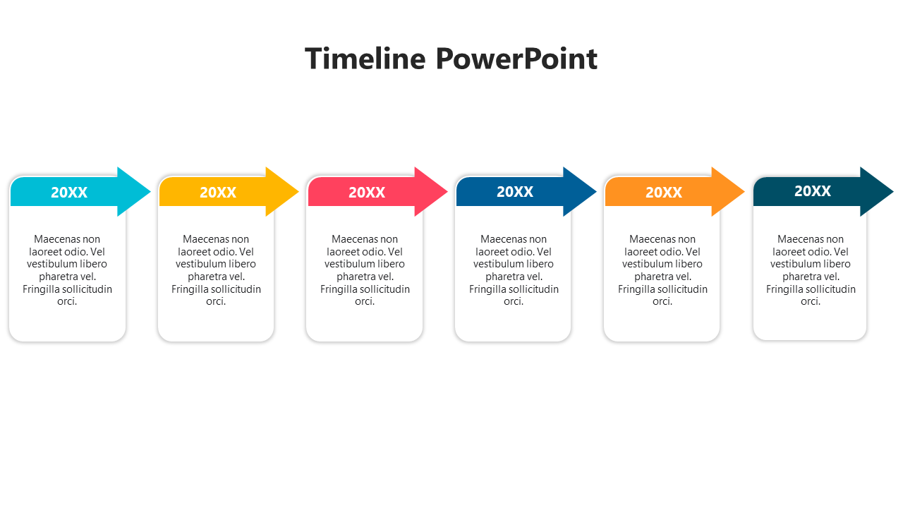 PowerPoint slide featuring a horizontal timeline with colorful arrows marking key milestones for each year.